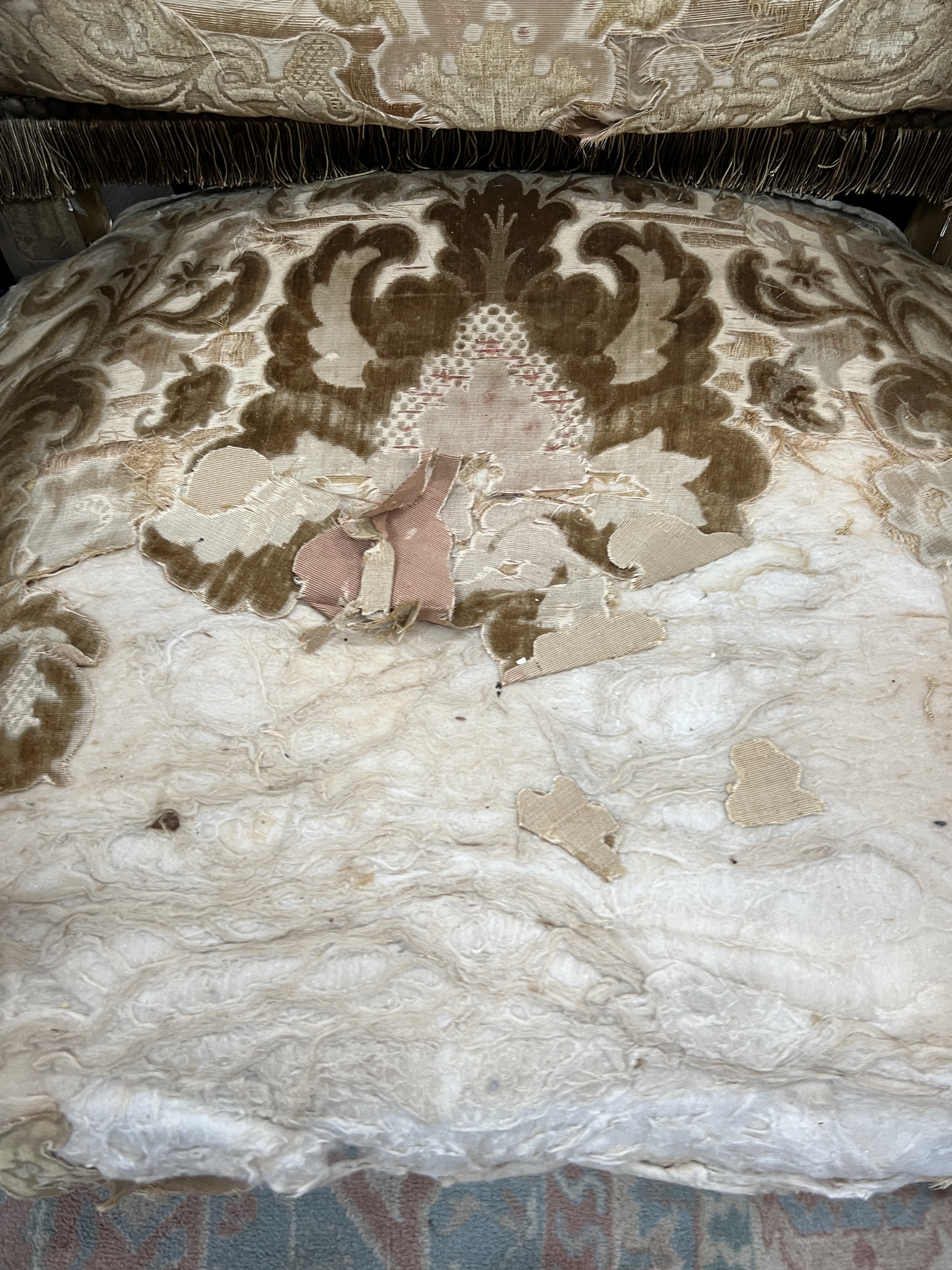 A Louis XIV style carved giltwood armchair, width 66cm, depth 64cm, height 118cm